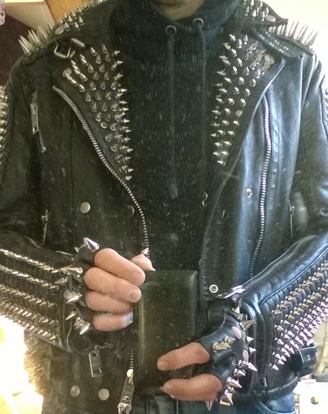 Spiky Leather Jacket, Leather Jacket With Spikes, Spike Leather Jacket, Leather Jacket Spikes, Spiked Outfit, Spikey Jacket, Goth Leather Jacket, Spiked Gloves, Spike Jacket