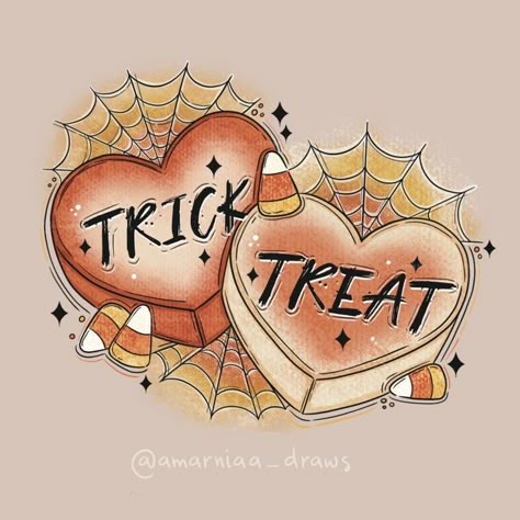 Spooky Candy Hearts, Halloween Candy Tattoo Ideas, Cute Candy Corn Drawings, Halloween Candy Tattoo, Spooky Season Drawings, Spooky Art Aesthetic, Cute Spooky Drawings, Candy Corn Tattoo, Trick Or Treat Drawing