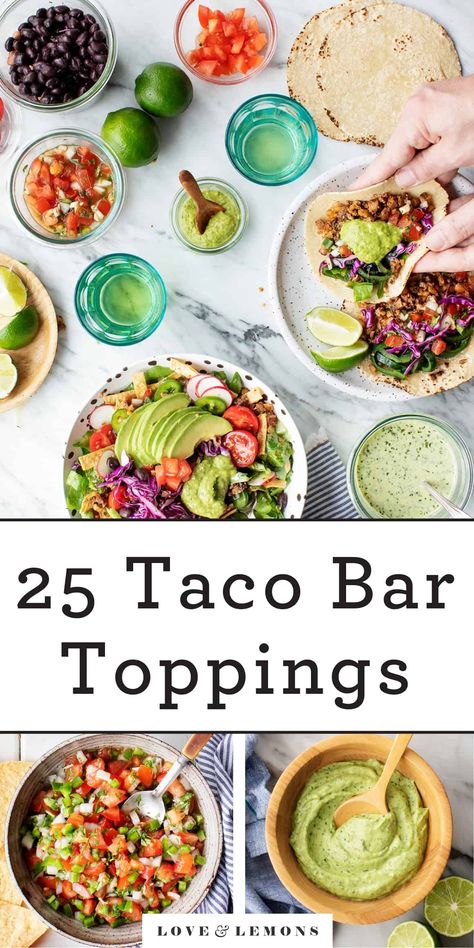 Salad Bar Toppings, Taco Bar Recipes, Tacos Bar, Taco Salad Bar, Lemons Recipes, Taco Toppings, Veggie Tacos, Spicy Tacos, Taco Fillings