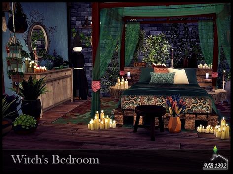 A very atmospheric and magical bedroom perfect for a great witch. Found in TSR Category 'Sims 4 Rooms' Ts4 Paranormal Cc, Sims 4 Witch Bedroom, Sims 4 Cc Fairycore Furniture, Witch's Bedroom, Sims 4 Cc Witch Furniture, Witch Community, Sims 4 Witch House, Witch Living Room, Witch Furniture