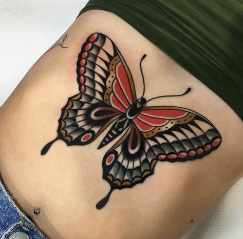 Trad Butterfly, Traditional Moth Tattoo, Traditional Butterfly Tattoo, Traditional Butterfly, Butterfly Tattoo Meaning, Belly Tattoos, Moth Tattoo, Old School Tattoo Designs, Traditional Tattoo Design