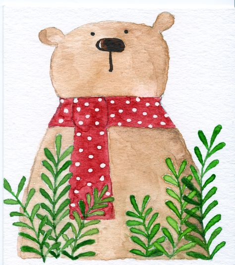 Watercolor Bear Paintings, Cute Bears Cartoon, Christmas Bear Illustration, Arte Doodle, Whimsical Art Paintings, Bear Watercolor, Posca Marker, Bear Paintings, Christmas Card Art