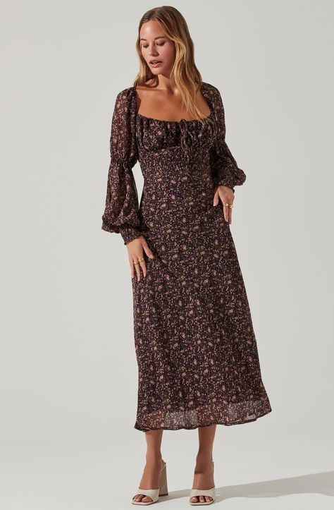 Floral wedding guest dresses are ready for fall occasions. Floral Dress Wedding Guest, Midi Dress Fall, Purple Midi Dress, Astr The Label, Long Sleeve Wedding, Midi Length Skirts, Sleeve Midi Dress, Long Sleeve Midi, Dresses To Wear To A Wedding