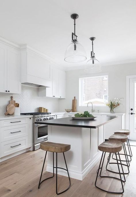 Black And White Island, White Herringbone Tile, Grey Kitchen Island, 2023 Ideas, White Island, White Shaker Kitchen, White Kitchen Island, Backless Stools, Stools For Kitchen Island