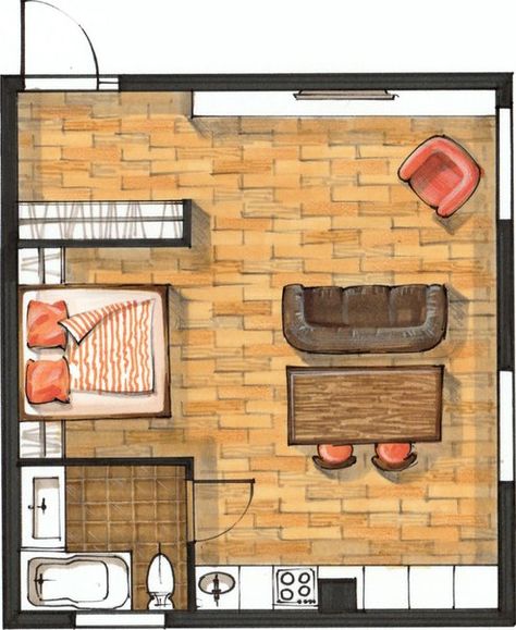 Sketch-plan with markers and colored pencils. Interior drawing, sketching, hand rendering, floor plan, design, ideas, materials, wood, brick, stone, loft, glass, kitchen, living room, bedroom, dining room, studio apartment.  My Markers: Copic, Promarker, Chartpak, Stylefile markers Hand Renderer: Olga Sorokina www.olgaart888.com  Interior sketching video-course for beginners with markers Floor Plan Sketch, Interior Drawing, Living Room Floor Plans, Rendered Floor Plan, Studio Layout, Interior Simple, Interior Design Drawings, Apartment Floor Plan, Plans Architecture