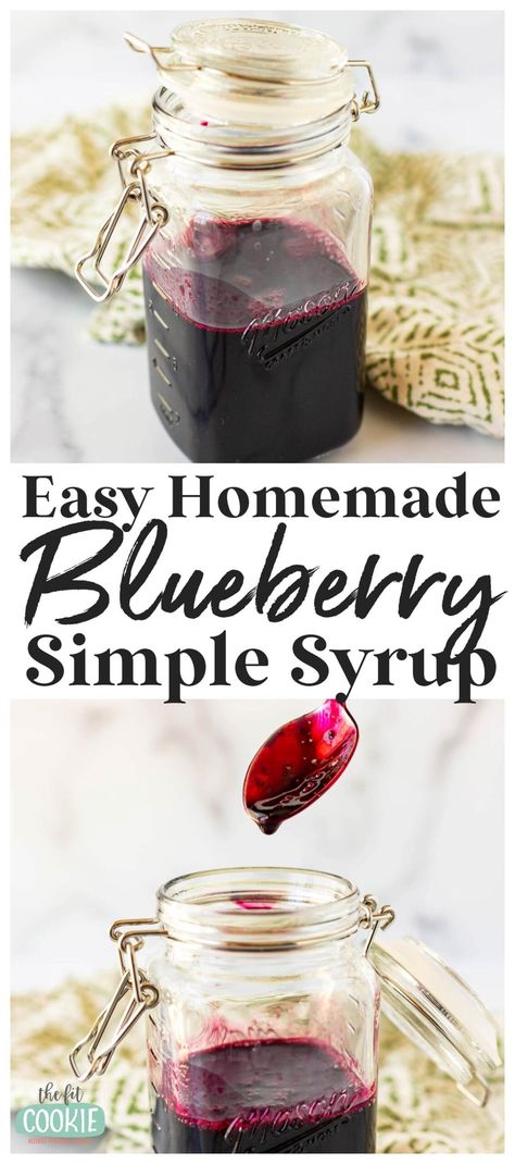 Our recipe for blueberry simple syrup is delicious and easy to make with just a few ingredients. This is delicious mixed into lemonades, matcha lattes, cocktails, or mocktails! | thefitcookie.com Blueberry Latte Syrup, How To Make Blueberry Syrup, Blueberry Simple Syrup Recipe, Chokecherry Syrup, Blueberry Syrup Recipe, Blueberry Drinks, Blueberry Simple Syrup, Strawberry Simple Syrup, Alcoholic Punch Recipes