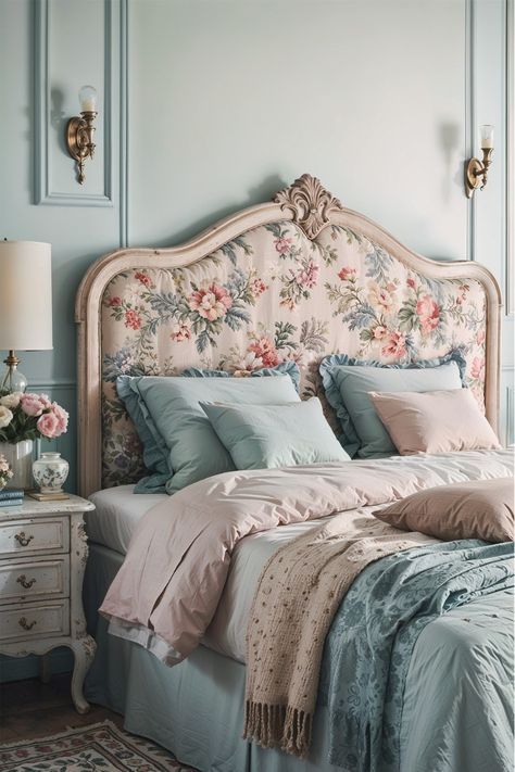 Pink Blue And White Bedroom, Bedroom Trends 2024, Patterned Headboard, Bedroom Things, French Style Decor, Blue Bedrooms, Grandmillenial Style, Fall Bedroom Ideas, Boho Kids Room