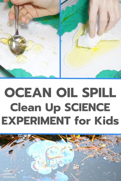 How can we remove oil from the ocean? Learn all about ocean cleanups with this ocean oil spill clean up experiment. A step-by-step environmental science project for kids. #scienceforkids #stem #stemactivities #stemforkids #earthdayactivity #environmentalscience #scienceexperimentforkids #sciencefairproject #ecokids Oil Spill Stem Activity, Oil Water Experiment, Ocean Clean Up Activities, Ocean Pollution Activities For Kids, Stem Ocean Activities, Ocean Themed Science Activities For Kids, Recycling Science Projects For Kids, Ocean Science Experiments For Kids, Ocean Stem Activities For Kids