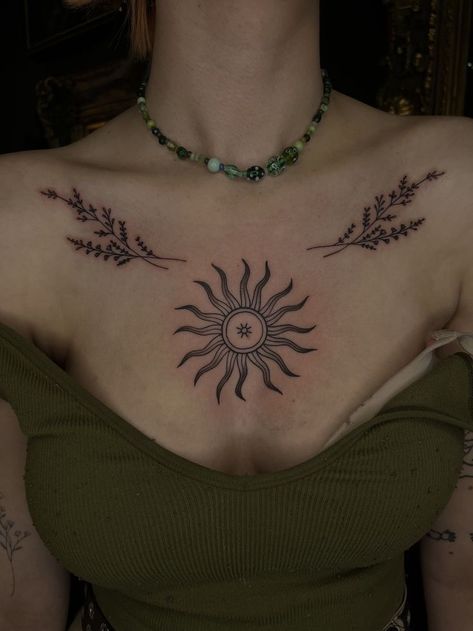 Neotraditional Mandala Tattoo, Flower Chest Tattoo Female Upper, Lavender Chest Tattoo, Sun On Chest Tattoo, Witchy Collar Bone Tattoo, Chest Line Tattoo, Symmetrical Chest Tattoo Female, Aura Tattoo Design, Sun Tattoo On Chest