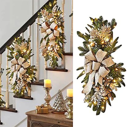 The Best Christmas Decor at Walmart Stairway Swag, Christmas Door Hangings, Swag Christmas, Christmas Lights Garland, Christmas Staircase, Lighted Wreaths, Christmas Wreaths & Garlands, Christmas Swag, Artificial Christmas Wreaths