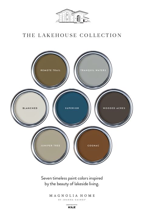 Get inspired by the beauty of lakeside living. Explore all seven colors from the Lakehouse Collection. Fixer Upper Lake House Joanna Gaines, Magnolia Lake House Paint Colors, Joanna Gaines Lake House, Magnolia Paint Colors, Chip And Jo, Timeless Color Palette, Remodel Diy, Lakeside Living, House Color Palettes