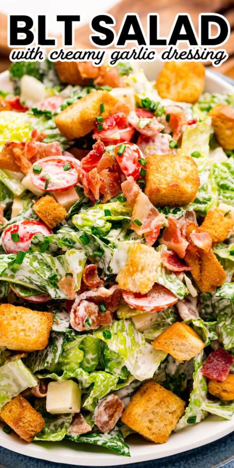 Most salads are not that exciting, this BLT Salad brings the delicious flavors of the classic sandwich to your new favorite salad! #BreadBoozeBacon #BLTsalad #salad #bacon #lettuce #tomato #sidedish #easylunch #dinnerrecipe #potluck #garlicdressing Blt Salad Recipe, Salad Bacon, Bacon Lettuce Tomato, Bread Booze Bacon, Blt Salad, Classic Sandwich, Favorite Salad, Fresh Salad Recipes, Best Salad Recipes