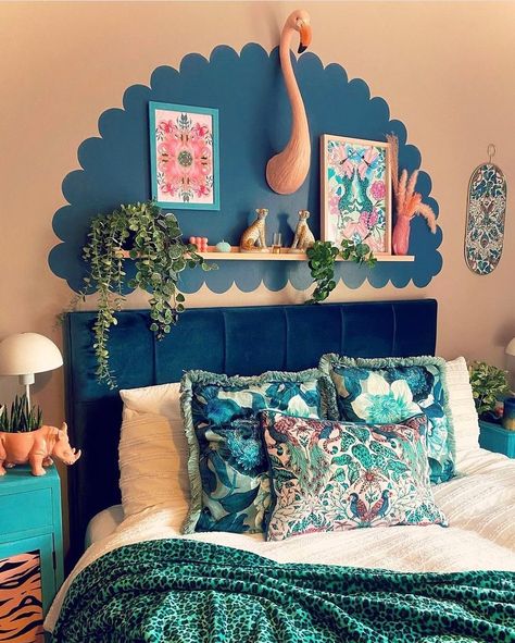 Bedroom Painted Headboard, Quirky Interior Design Bedroom, Painted Bedhead Wall, Painted Apartment Walls, Painted Wall Accent, Mural Accent Wall Bedroom, Colourful Small Bedroom, Fun Bedroom Colors, Painted On Headboard