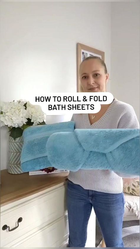 How to roll & fold bath towels #towels #bathroomorganization in 2022 | House cleaning tips, How to fold towels, Diy clothes life hacks Fold Bath Towels, How To Roll Bath Towels, Folding Fitted Sheets, Folding Towels, Bathroom Towel Decor, How To Roll, Packing Hacks Clothes, Couch Diy, Furniture Cleaner