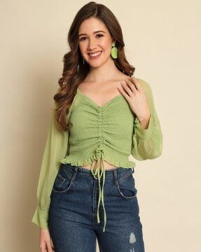 Check out %@ on AJIO! Green Tops For Women, Green Tops, Tops For Women, Smocking, India, Crop Tops, For Women, Green