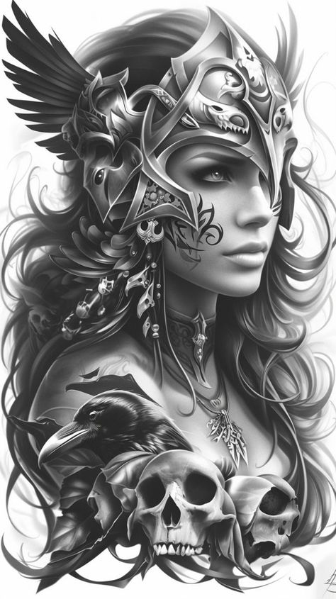 Roman Themed Tattoo, Valkyrie Tattoo Design, Athena Tattoo Design, Women Warrior, Athena Tattoo, Viking Warrior Tattoos, Female Warrior Tattoo, Valkyrie Tattoo, Viking Tattoo Symbol