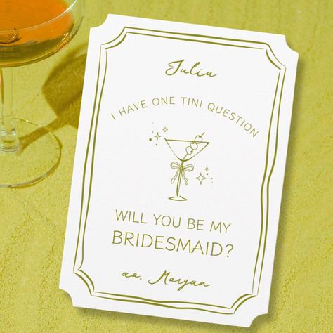 Trendy Whimsical Drawn Martini Bridesmaid Proposal Card Fun Bridesmaid Proposal, Bach Brunch, Funny Bridesmaid Proposal Cards, Bridesmaid Ask, Bridesmaid Proposal Card, Asking Bridesmaids, Contemporary Bride, Unique Bridesmaid, Bridesmaid Proposal Cards