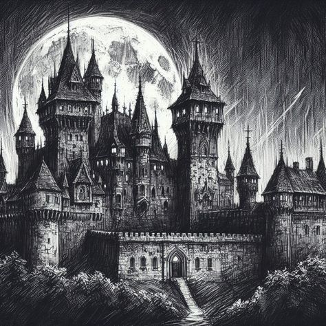 Goth Architecture Drawing, Gothic Buildings Drawing, Fantasy Castle Sketch, Castle Drawing Sketches, Midevil Castle, Horror Concept, Goth Architecture, Castle Sketch, Moon Mushroom