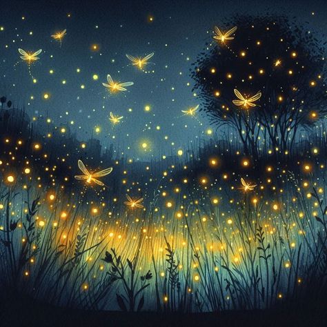 Fireflies Aesthetic Wallpaper, Firefly Illustration Drawings, Fireflies Acrylic Painting, Fireflies At Night Aesthetic, Fireflies Digital Art, Night Fairy, Firefly Art, Night Sky Art, Good Evening Greetings