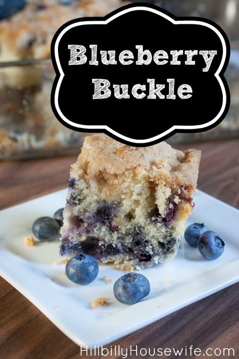 Slice of blueberry buckle with some fresh berries Housewife Recipes, Hillbilly Kitchen, Buckle Recipe, Blueberry Buckle Recipe, Buttermilk Coffee Cake, Breakfast Cakes, Pecan Coffee Cake, Banana Coffee Cakes, Blueberry Buckle