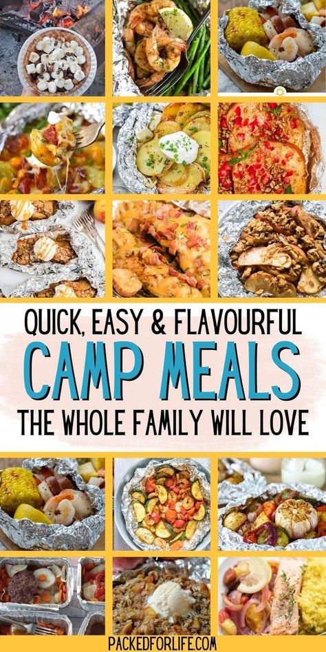 Images of 15 Quick, Easy & Flavourful Camp Meals, the whole family will love. In foil packets - s'mores bowls, shrimp, chicken, fruit crisp, shrimp boil with corn, salmon, roasted veggies, hamburgers. Camping Food Ideas Breakfast, Camping Recipes Dinner, Easy Camping Food Ideas, Foil Packet Recipes, Easy Camping Food, Camping Recipes Breakfast, Tin Foil Dinners, Camp Meals, Camping Food Ideas