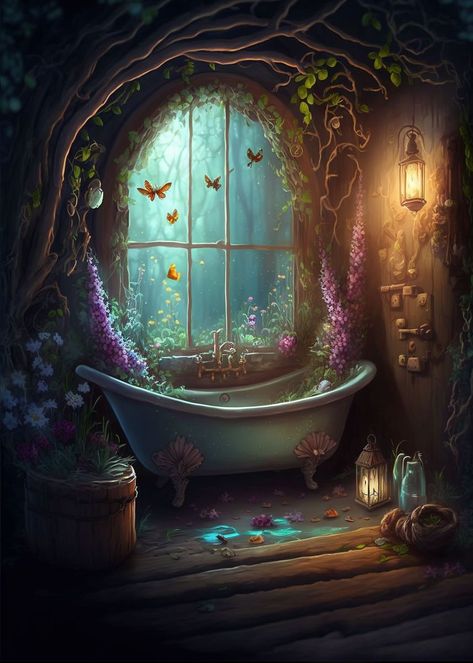 'Fairy bath with a view' Poster by Stefan Merz | Displate Fantasy Bath House, Enchanted Bathroom, Fairy Bathroom Ideas, Fairy Decor Bedroom, Moody Spa, Fairy Bathroom, Magical Bathroom, Fantasy Bathroom, Witchy Bathroom