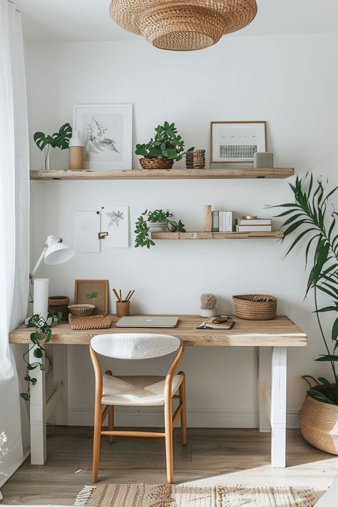 Aesthetic Work Space At Home, Home Work Area Ideas, Minimal Home Office Design, Home Office Plants Decor, Scandanavian Desk, Aesthetic Study Area, Mini Workspace, Study Room Aesthetic, Home Office Neutral