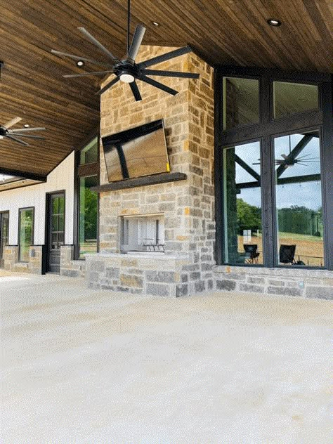 Fire Place Outdoor, Outdoor Brick Fireplace, Texas Barndominium, Barn Style Garage, Indoor Outdoor Fireplaces, Barn House Design, Shed Home, Barn Style House Plans, Building Plans House