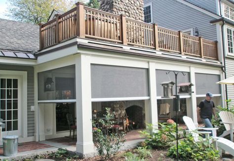 Phantom Executive Motorized Retractable Screens provide shade, insect protection and unobstructed views at the touch of a button. Retractable Screen Porch, Blinds Outdoor, Retractable Screens, Under Deck, Porch Kits, Traditional Porch, Screened Porch Designs, New England Farmhouse, Building A Porch