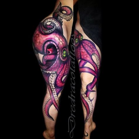 This magical cephalopod snakes down the side and over onto the foot. With rich colors, it is beyone eye catching. #octopus #octopustattoo #cracken #kracken #seamonster #girlswithtattoos #inkmaster #besttattoo #austintxtattoos #tattoo #neotraditionaltattoo #Ursula #tx #legtattoo #thightattoo #sidetattoo #atx #lgbtq #cephalopodtattoo #sidetattoo #legtattoo Purple Octopus Tattoo, Cephalopod Tattoo, Octopus Thigh Tattoos, Hip Thigh Tattoos, Octopus Tattoos, Creative Tattoo, Thigh Tattoos, Octopus Tattoo, Side Tattoos