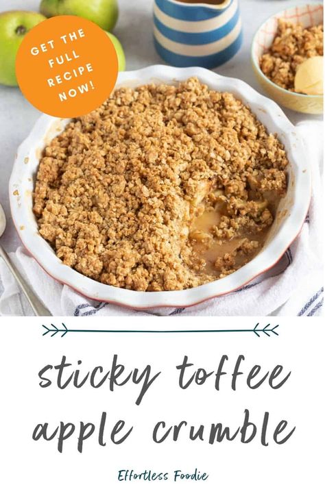 Indulge in the ultimate autumn dessert with this sticky toffee apple crumble recipe. Tart Bramley apples, sweet toffee sauce, and a crispy oat crumble topping. Yum Toffee Apple Crumble, Toffee Apple Crumble Recipe, Bramley Apple Recipes, Toffee Apples Recipe, Apple Crumble With Oats, Crumble Recipes, Oat Crumble Topping, Autumn Dessert, Apple Crumble Recipe