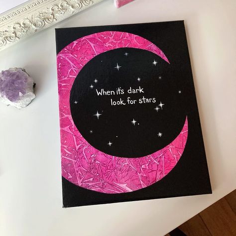 Painting With A Black Background, Canvas Painting Ideas Aesthetic Quotes, Cute Thing To Paint, Painting Ideas Stars, Black Background Canvas Painting Ideas, Things To Paint On A Black Canvas, Moon Painting Easy, Canvas Painting Moon, Shelly Clouds