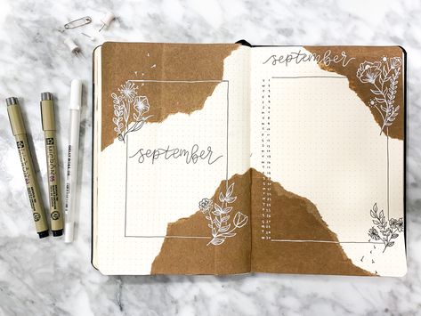 Brown Paper Bullet Journal Theme, flower and folige theme, white ink/white pen, Monthly Page Brown Pages Journal, Brown Bujo Theme, White Journal Ideas, Brown Journal Aesthetic, Brown Journal Ideas, Brown Paper Journal, Vintage Aesthetic Journal, Simple Journal Ideas, Brown Journal