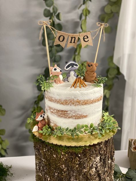 Woods Birthday Cake, Simple Woodland Cake, 1st Birthday Nature Theme, Forest One Year Birthday, Woodland First Birthday Cake, Wild One Smash Cake Boys, Woodland Cake Birthday, Birthday Cake 1 Year Boy, Nature Theme Cake