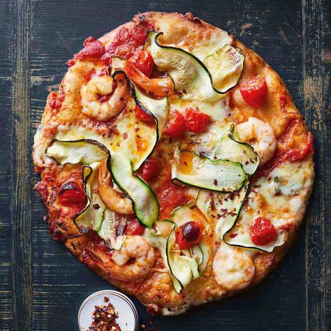 Prawn Pizza Prawn Pizza, Prawns Recipe, Green Zucchini, Pizza Sauce Recipe, Baking Tray, Pizza Stone, Buying Groceries, Pizza Recipe, A Pizza