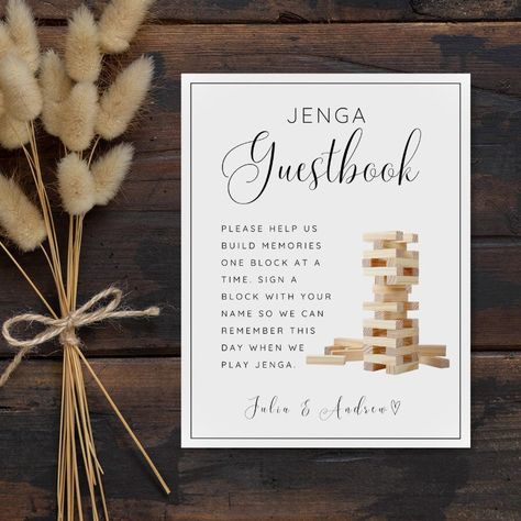 Use code BUNDLE30 to save 30% off when you purchase 3 or more items! Welcome to our Etsy shop! Add a unique and interactive touch to your wedding reception with our Jenga Guest Book Sign. This printable wedding guest book sign is designed to complement your Jenga guest book, creating a memorable and personalized experience for your guests. Simply download our Jenga Guestbook Sign Template on Canva and print it to display at your wedding venue. The sign beautifully instructs your guests to write their well wishes and advice on the Jenga blocks, creating a meaningful keepsake that you can enjoy for years to come. The Jenga sign serves as a charming reminder for guests to participate in this fun and interactive guest book activity. Let our Jenga Guest Book Sign be the perfect addition to your Personalized Jenga Blocks, Wedding Jenga Guest Book, Wishing Well Sign Wedding, Jenga Wedding Guest Book Sign, Jenga Guest Book Sign, Jenga Guest Book Wedding, Guest Book Jenga, Interactive Wedding Ideas, Jenga Wedding Guest Book