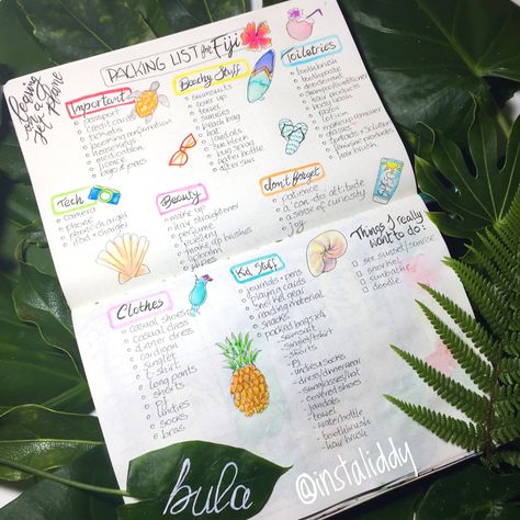 Packing list for the beach, tropical holiday (Fiji) in my bullet journal Fiji Packing List, Packing List For The Beach, Travel Bujo, Holiday Packing Lists, Travel Fiji, Fiji Culture, Fly To Fiji, Fiji Beach, Fiji Travel