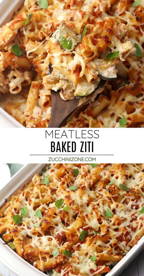 Meatless baked ziti is an easy meal to make in under an hour with simple kitchen ingredients. Layers of ziti coated in marinara, sauteed veggies, and cheese fill this casserole with savory goodness that the entire family will love. Healthy Ziti Bake, Baked Ziti Recipe Meatless, Low Calorie Baked Ziti, Baked Ziti With Ricotta No Meat, Meatless Baked Ziti, Healthier Baked Ziti, Recipe Using Zucchini, Comfort Pasta Dishes, Baked Ziti With Sausage