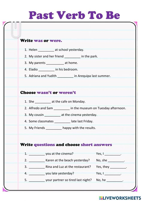 To Be Past Tense, Verb To Be Past, Simple Past Verbs, Simple Past Tense Worksheet, Tense Worksheet, Past Tense Worksheet, Tenses Exercises, Ingles Kids, Free Printable Alphabet Worksheets