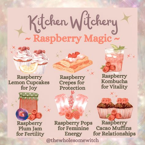 A couple of days ago I posted about Strawberry Magic and since fresh berries are such a summer staple I decided to turn it into a little series. So stay tuned this week for some more magical berry goodness! Today we move on to Raspberries which have always been a favourite for me. ✨ ... Raspberries contain some wonderful properties including joy, happiness, protection, vitality, fertility, relationships, love, beauty, and feminine energy. Here are a few ideas to help bring those out in your k... Wholesome Witch, Strawberry Magic, Spelt Recipes, Herbal Witch, Homemade Recipe Books, Kitchen Witch Recipes, Plum Jam, Witch Spirituality, Kawaii Cooking