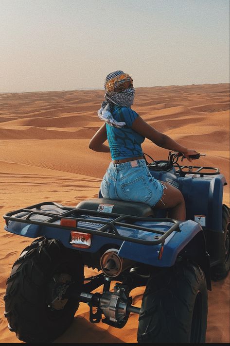 Quad Biking, Dubai Desert Black Girl, Dubai Desert, Headscarf, Shorts, Desert, Sand, Blue, Gold, Summer Vacay, Summer Holiday, Vacation, Black Girls Holiday, Summer 2023, UAE, United Arab Emirates, Denim Shorts, Hot Weather, Summer Inspo, Outfit Inspo Dubai Sand Dunes Outfit, Quad Biking Outfit, Dubai Desert Outfit, Sand Dunes Outfit, Biking Outfits, Biking Aesthetic, Dubai Outfit, Desert Outfit, Quad Biking