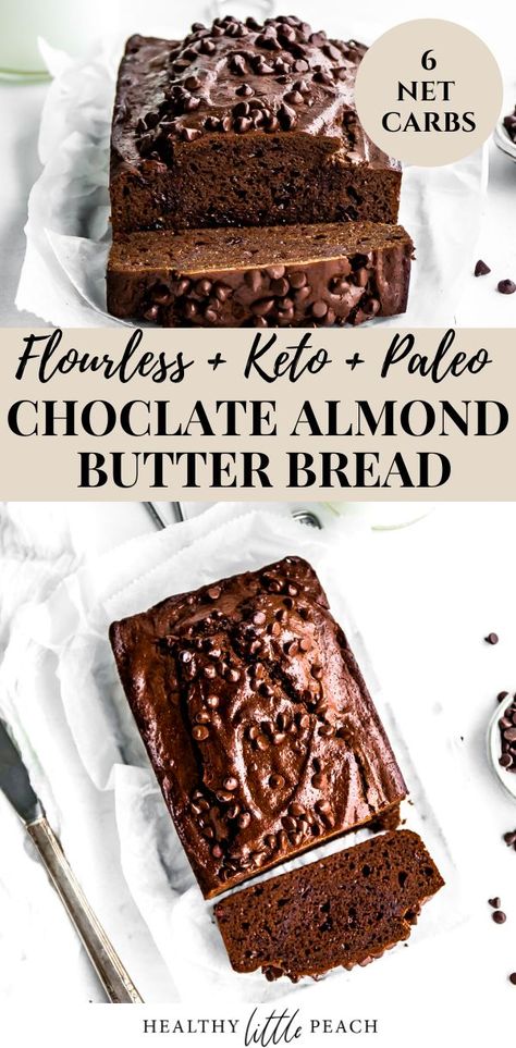 This Chocolate Almond Butter Bread is super moist and only require minimal everyday ingredients that you probably already have on hand. This recipe is Keto Gluten Free and Paleo compliant. Each slice only has 6 NET CARBS. #flourlessbread #ketobread #ketodesserts #ketobreakfast #almondbutterbread #bread #paleo #glutenfree #dairyfree Almond Butter Bread, Decadent Cheesecake, Galletas Keto, Chocolate Almond Butter, Bread Keto, Homemade Snickers, Heath Bars, Cookies Bars, Butter Bread