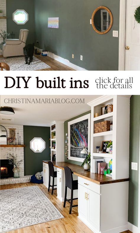 DIY Built ins : our completed homeschool area Bedroom Office Built Ins, Dining Room Office Combo Built Ins, Built In Homeschool Desk, Playroom Built Ins With Desk And Tv, School Room Built Ins, Dining Room Office Built In, Built In Toy Storage With Desk, Diy Home Desk Ideas, Cubby Storage Ideas Office