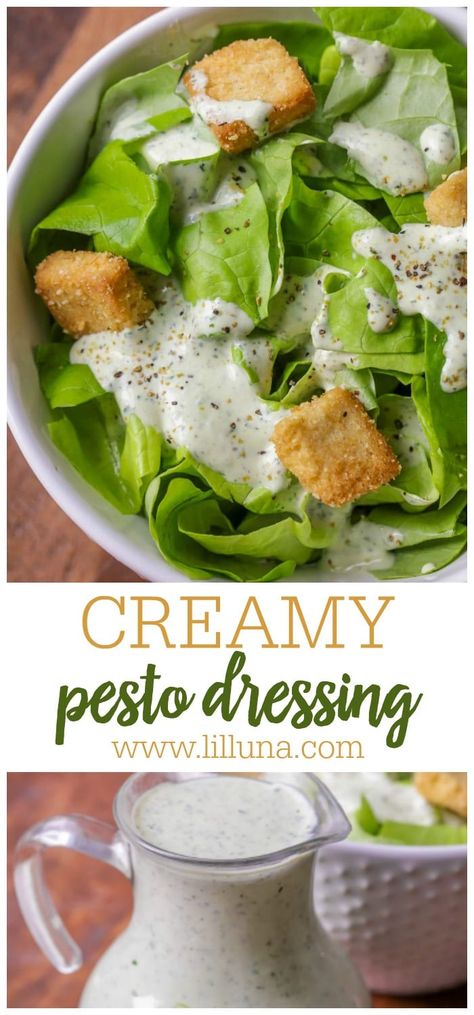 This simple creamy pesto dressing is delicious on any salad! Plus, it only requires 5 ingredients and 5 minutes to make.  #creamypestodressing #pesto #creamysaladdressing #pestodressing #saladdressing Creamy Pesto Dressing, Dressings Recipes, Spaghetti Factory, Pesto Salad, Pesto Dressing, Creamy Salad Dressing, Creamy Pesto, Homemade Salads, Homemade Salad Dressing