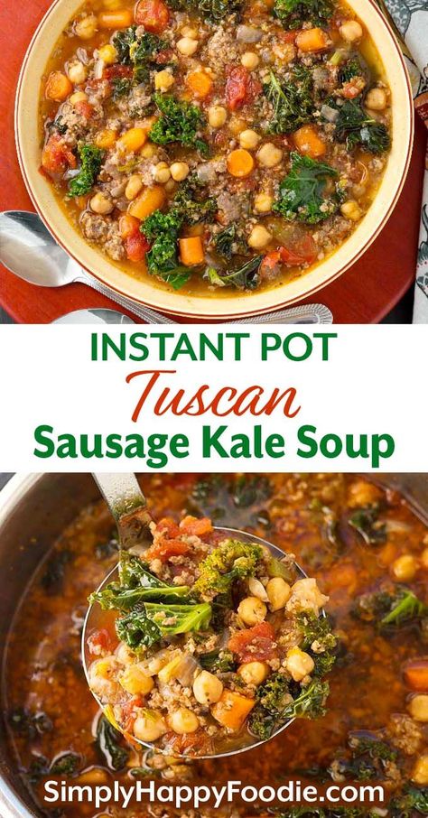 Instant Pot Tuscan Sausage Kale Soup is filling and healthy, with a delicious, rich broth and lots of veggies. This comforting pressure cooker Tuscan soup tastes like it cooked all day on Nonna’s stove. Instant Pot soup recipes simplyhappyfoodie.com Sausage Kale Soup, Tuscan Sausage, Vegetable Soup Crock Pot, Sausage And Kale Soup, Kale Soup Recipes, Sausage Kale, Ip Recipes, Tuscan Soup, Vegan Instant Pot Recipes