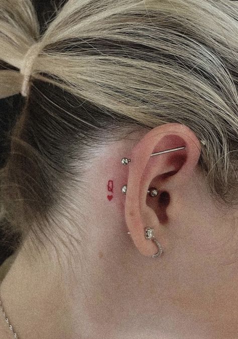 2023 Tattoo, Red Ink Tattoo, Behind The Ear Tattoo, Red Heart Tattoos, Tiny Tats, Ear Tattoo Ideas, Small Pretty Tattoos, Petite Tattoos, Red Ink Tattoos