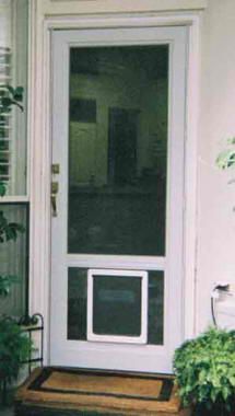 Dog door installed in storm door...website has good info Storm Door With Doggie Door, Screen Door Dog Door, Patio Screen Door With Doggie Door, Screen Doggie Door, Sliding Screen Door With Dog Door, Dog Screen Door, Diy Doggie Door, Screen Door Ideas, Custom Screen Doors