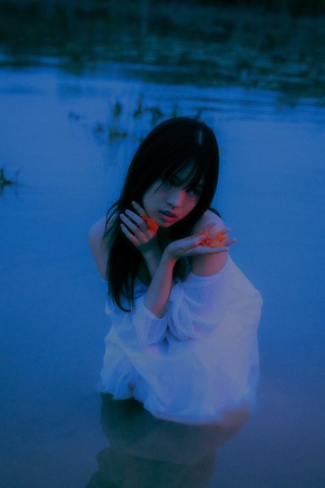 Nature Korean Aesthetic, Asian Horror Aesthetic, Asian Fairy Aesthetic, Korean Horror Aesthetic, Model Concepts Photography, Korean Aesthetic Blue, Blue Photography Aesthetic, Horror Movie Photoshoot, Blue Girl Aesthetic