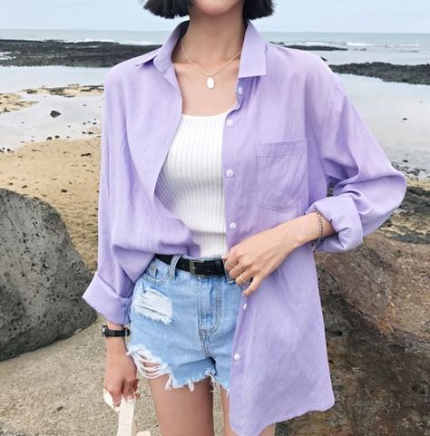 Lucy (pilot) Moda Ulzzang, Purple Clothes, Pastel Shirt, Pastel Outfits, Purple Outfit, Korean Fashion Summer, Purple Fits, Pastel Outfit, Purple Outfits