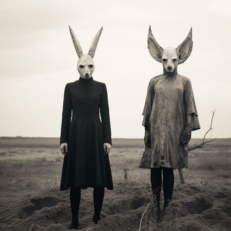 Dark Magic Costume, Surreal Halloween Costume, Scary Butcher Costume, Donnie Darko Makeup, Creepy Bunny Costume, Surreal Art Ideas, Halloween Creepy Costumes, Folk Horror Aesthetic, Samhain Costume